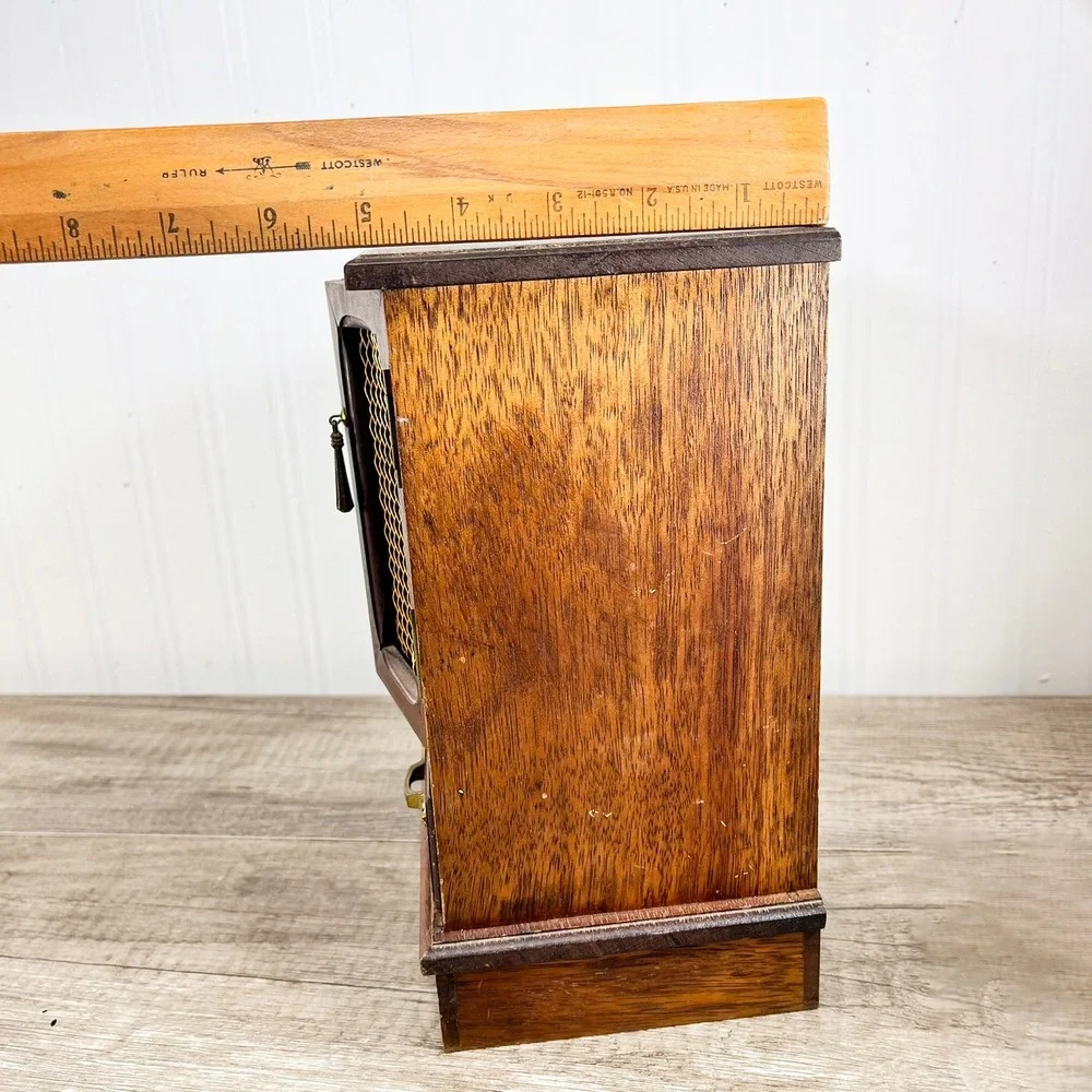 Vintage‎ Wood Musical Jewelry Box Armoire Cabinet Mesh Doors Brown Gold Hardware